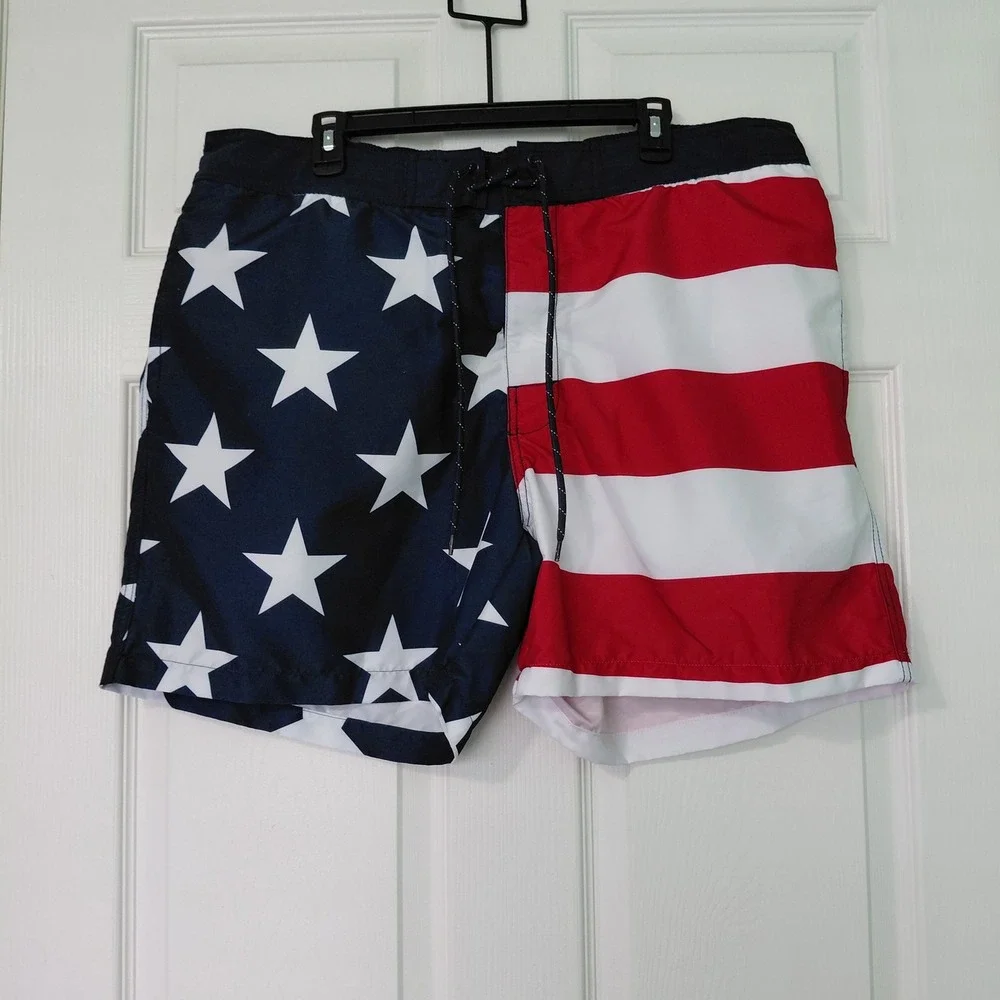 St Johns Bay Mens American Flag Swim Trunks XL Stars Stripes Board Shorts Red